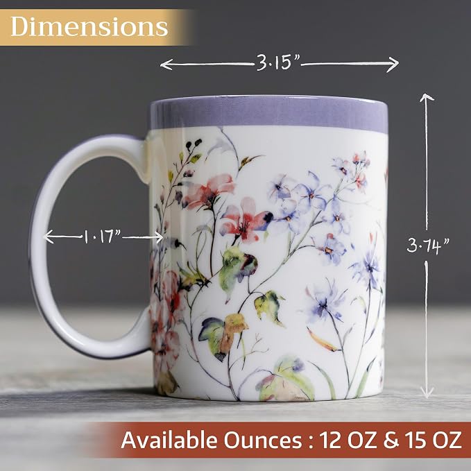 Maison d' Hermine Coffee Mug with Handles Tea Cups (12 Ounce, Pack of 1) | Fine Bone China Coffee Mugs for Hot Beverages Cappuccino Latte Home Restaurant Spring Summer -Summer Floral - Cornflower