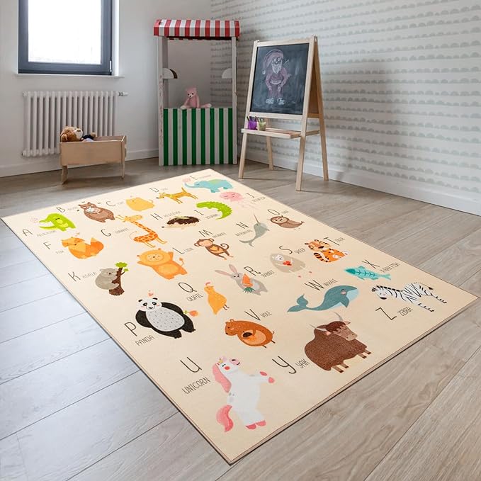 Booooom Jackson ABC Kids Classroom Rugs - 5'x6'6" Educational Numbers and Animal Carpet for Preschool, Classroom, and Kid's Room Safety and Learning - Alphabet Rug for Boys and Girls