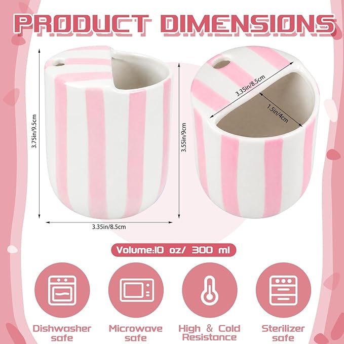 Ceramic Mug with Sip Hole 10 oz Novelty Pink Striped Ceramic Coffee Mug Hand Painted Travel Mugs Heat Resistant Non Slip Built in One Lid Handcraft Mugs for Coffee Lovers Appreciation Gift