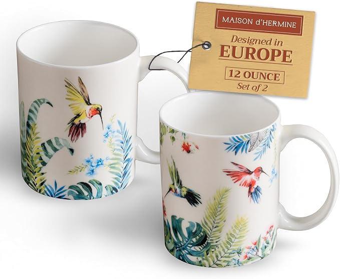 Maison d' Hermine Coffee Mug with Handles Tea Cups (12 Ounce, Pack of 2) | Fine Bone China Coffee Mugs for Hot Beverages Cappuccino Latte Home Restaurant Hotel Spring Summer -Tropiques