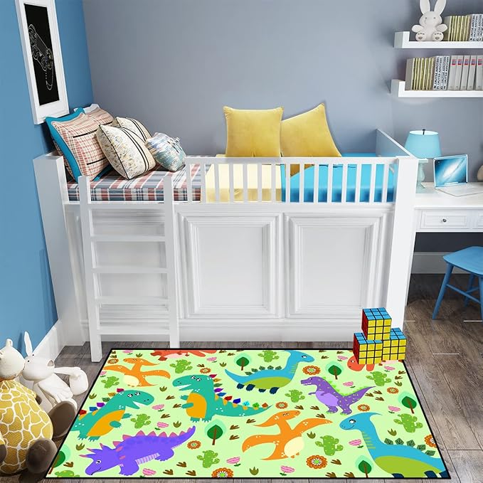 Dinosaur Carpet for Boys Room Dinosaur Play Rug Kids Rug Cartoon Dinosaur Carpet Dino Rug Dinosaur Area Rug for Bedroom Livingroom Playing Room,Green 4'×5'