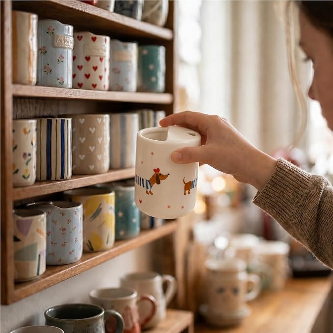 Ceramic Travel Coffee Mug 12 OZ, Cute Dachshund Pattern Coffee Cup, Handmade Style Ceramic Coffee Mug with Sip Hole for Women Men, Office Home Kitchen Gift