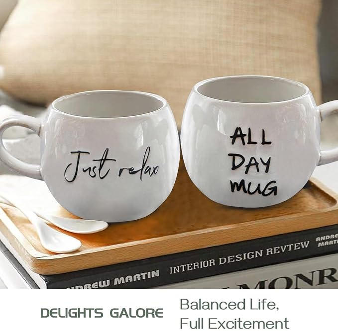 Ceramic Coffee Mugs Set, Just Relax and All Day Design, large capacity heat-resistant handle, Great for Tea Hot Chocolate, Microwave Safe, Modern, Unique Style for Any Kitchen-4pack