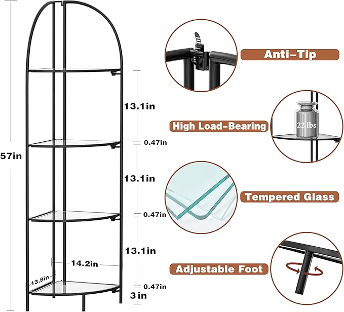 Crofy Foldable 4 Tier Corner Shelf, Metal Corner Plant Stand with Black Frame and Transparent Shelves, Corner Display Rack Multipurpose Shelving Unit for Living Room, Bedroom, Bathroom
