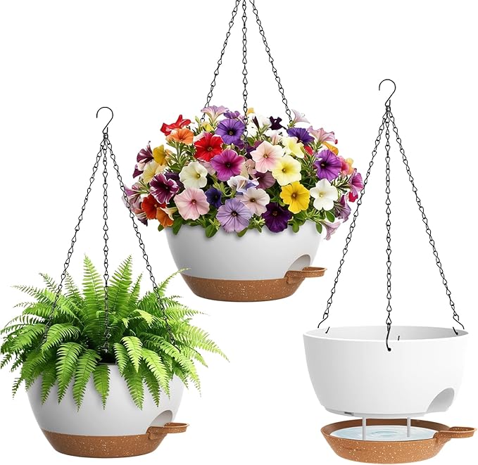 Set of 3-10 Inch Self Watering Hanging Planters for Indoor Outdoor,Hanging Plant Pots with Drainage & Removable Tray, Hanging Pots Holder for Pothos Plant, Ferns, Balcony & Patio,White with Brown