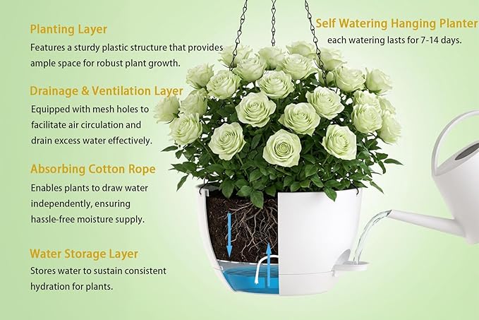 Hanging Planters, 3-Pack 10 Inch Self-Watering Pots with Drainage Holes and Chains, Matte Plastic Planters for Indoor/Outdoor Plant(White)