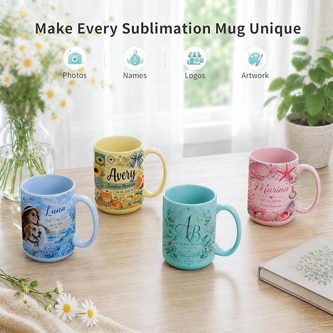 PYD Life 8 Pack Sublimation Mugs 15 OZ Mixed Macaron Colors Ceramic Cups | Sublimation Coffee Photo Mugs, Soft Tone Design Perfect for Gifts, Cafe style Branding and Craft DIY projects