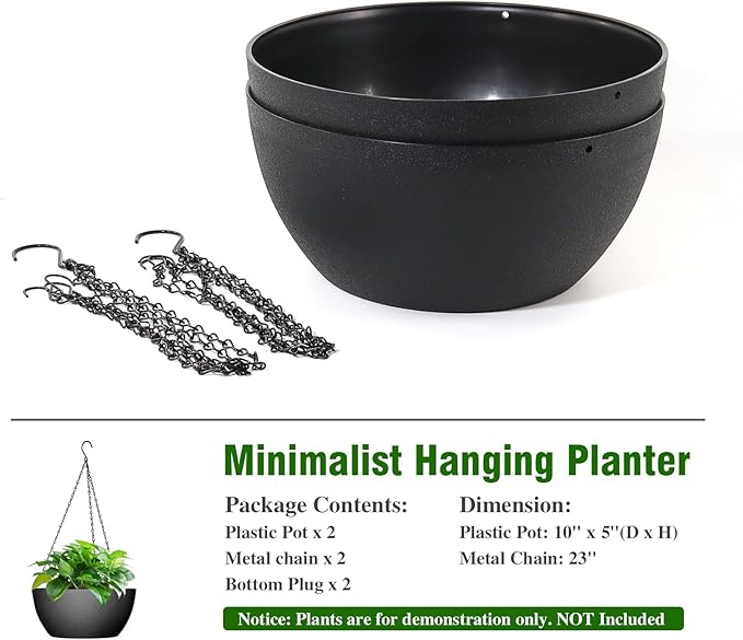 10 inch Hanging Planters for Outdoor Indoor Plants with Drainage Holes and Chain, 2 Pack Round Hanging Flower Pots for Garden Home Porch Decor, Black