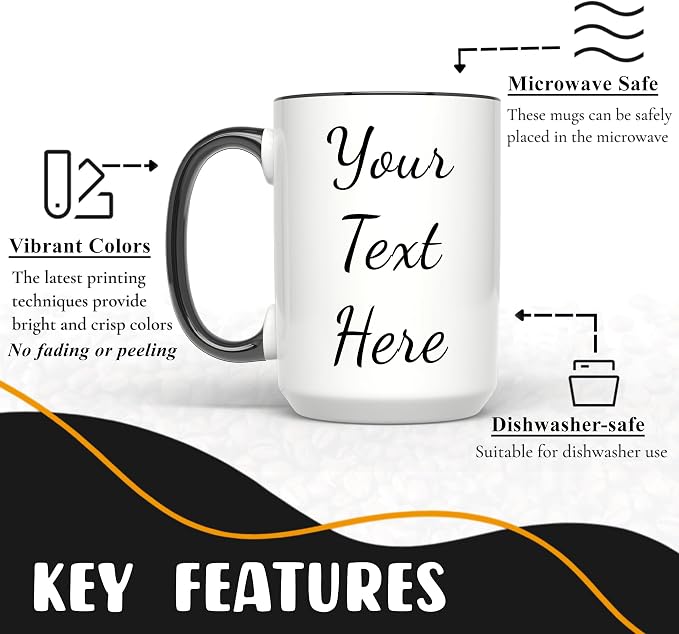 Personalized Coffee Mug 15 Oz, Custom Picture Text or Logo Ceramic Mug, Customized Gift for Men & Women, Taza Personalizada with Photo and Words, Customizable Large Tea Cup | White - Black