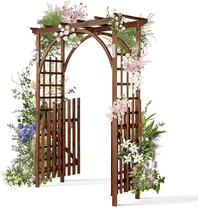 VINGLI 85in Wooden Arbor, Wedding Arch for Ceremony, Wood Trellis for Plant Climbing, Christmas Decor Pergola for Garden Backyard, Lawn (Carbonized Wood)