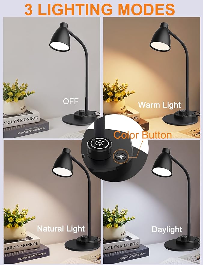 BOHON LED Desk Lamp with USB Charging Port 3 Color Modes Dimmable Reading Light Intelligent Induction Auto Dimming Task Lamp Flexible Gooseneck Table Lamp for Bedside Office, AC Adapter Include
