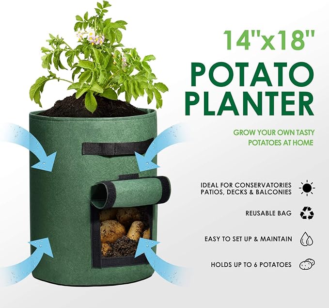 Delxo 5 Pack 10 Gallon Potato Grow Bags, Garden Planting Growing Bag with Flap, Double Layer Breathable Nonwoven Cloth for Potatoes/Planter/Vegetable/Tomato Fabric Pots with Handles Green