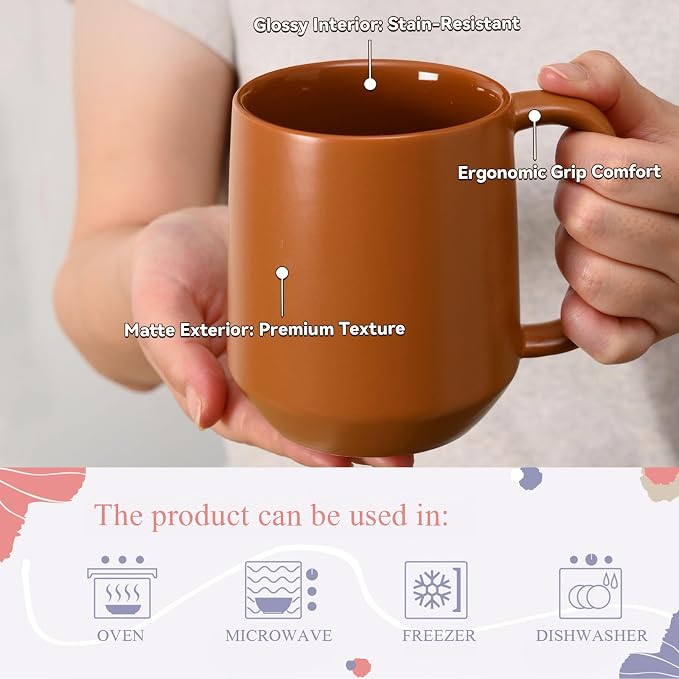Miicol Ceramic Coffee Mug, 16 oz Large Coffee Cup, Tea Mug with Handle, Flat Bottom Mug for Men, Women, Office, Microwave and Dishwasher Safe, Multi-Color, Burnt Orange