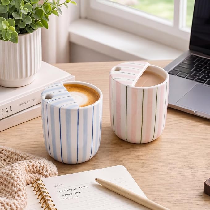 2 Pack Ceramic Mug with Sip Hole 10 oz Stripes Pattern Espresso Cup Coffee Mug Hand Painted Ceramic Cup Pink and Blue Heat Resistant Non Slip with Built in One Lid Handcraft Gift