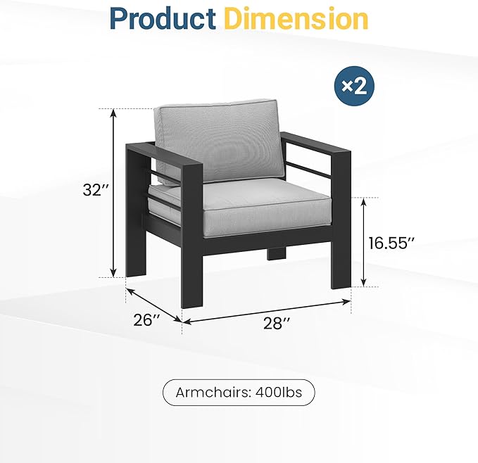 Wisteria Lane Patio Furniture Metal Armchair, Set of 2, Metal Outdoor Chairs with Upgraded Cushions, All-Weather Outdoor Single Sofa for Balcony, Garden, Deck, Backyard, Grey