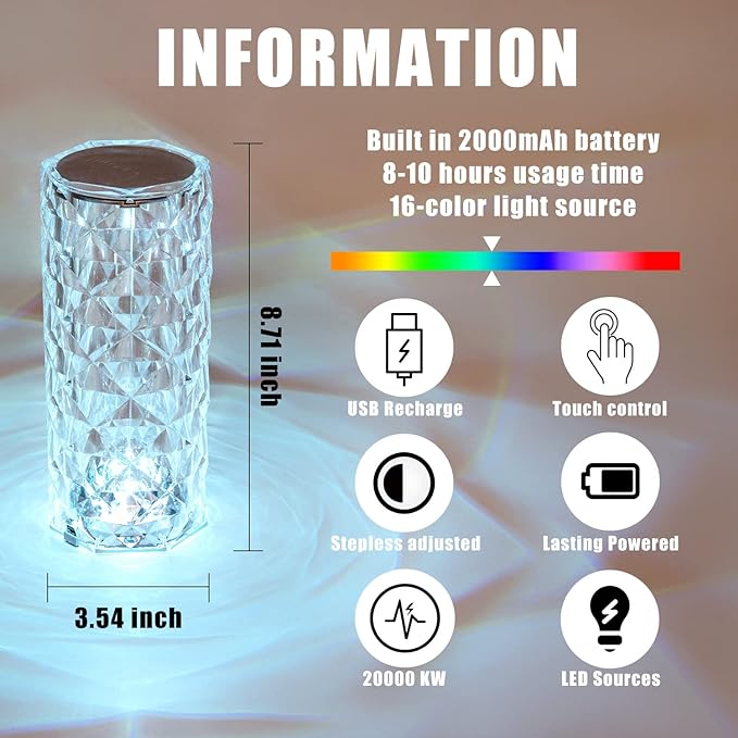 BGFHome Crystal Table Lamp RGB Color Changing Night Light ,Romantic LED Rose Diamond Touch Lamps for Living Room (Remote & Touch
