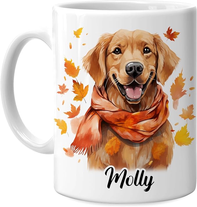 Hyturtle Personalized Fall Dog Maple Leaves Coffee Mug, Fall Autumn Décor | Birthday Gifts For Dog Lovers, Golden Retriever Gift For Farmhouse Thanksgiving Custom Name 11oz White Ceramic Coffee Tea Mug