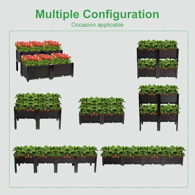 VINGLI Square Raised Garden Bed, Self-Watering Plastic Planter for Indoor Outdoor Vegetables, Fruits, Potato, Flowers, All Weather (4 Pcs)