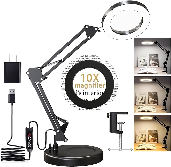 Magnifying Glass with Light and Stand, 10X Magnifying Lamp, 2-in-1 LED Lighted Desk Magnifier with Light, Craft Light Lamp with 3 Color Modes for Close Work Reading Repair Crafts