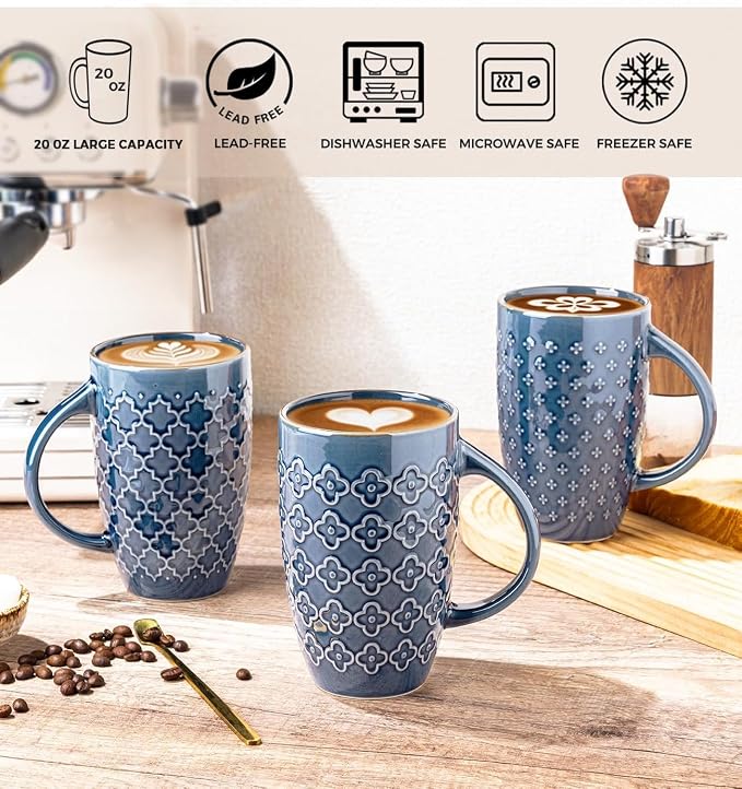AmorArc Large Coffee Mugs Set of 4, 20oz Tall Coffee Mugs Set | with Texture Patterns for Cappuccino, Latte,Hot Cocoa, Dishwasher & Microwave Safe-Moonlight Blue