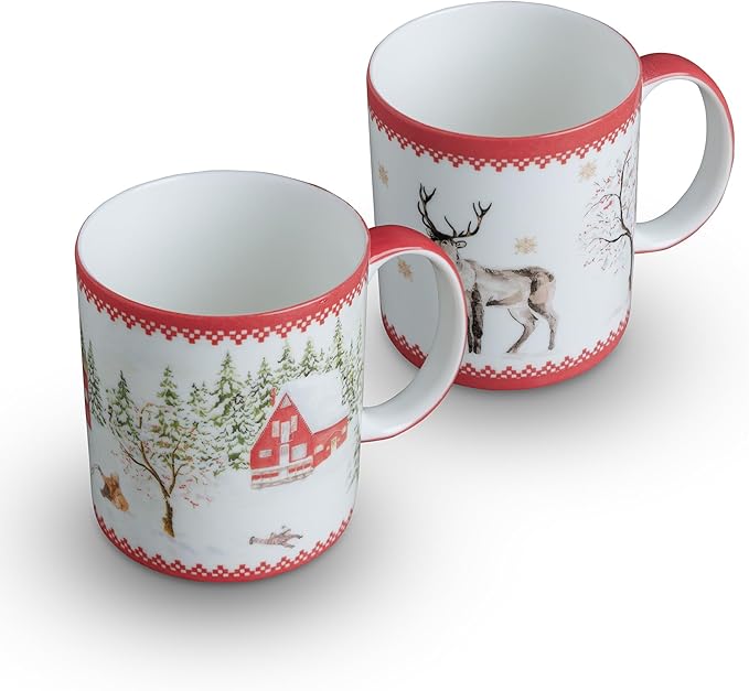 Maison d' Hermine Coffee Mug with Handles Tea Cups (12 Ounce, Pack of 2) | Fine Bone China Coffee Mugs for Hot Beverages Cappuccino Latte Home Restaurant Hotel Spring Summer -Rural Christmas