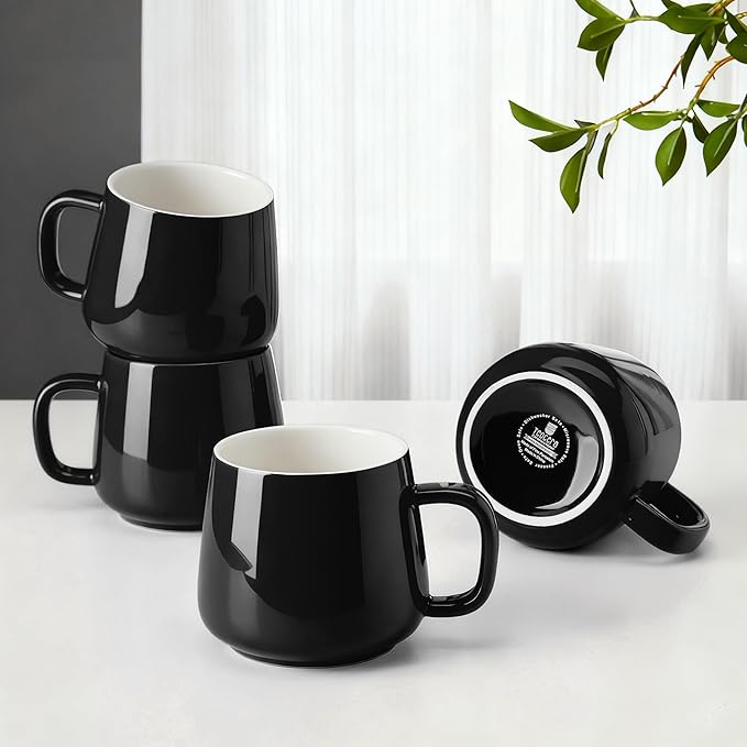 Teocera Ceramic Coffee Mug Set of 4-12 oz Coffee Mugs with Large Handles for Hot or Cold Drinks Like Latte, Cocoa, Tea or Juice - Smooth Ceramic, Dishwasher Safe,Black