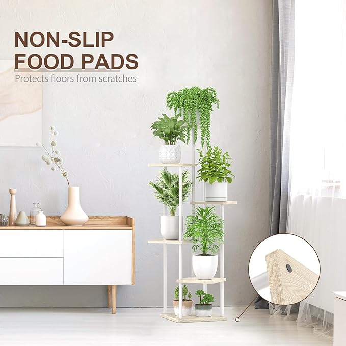 6 Tier Tall Plant Stand Indoor, Large Metal Wood Muti Level Vertical Planter Shelf Orchid Holder for Narrow Corner, Sturdy Heavy Duty Flower Display Rack for House Decor Living Room Bedroom, White