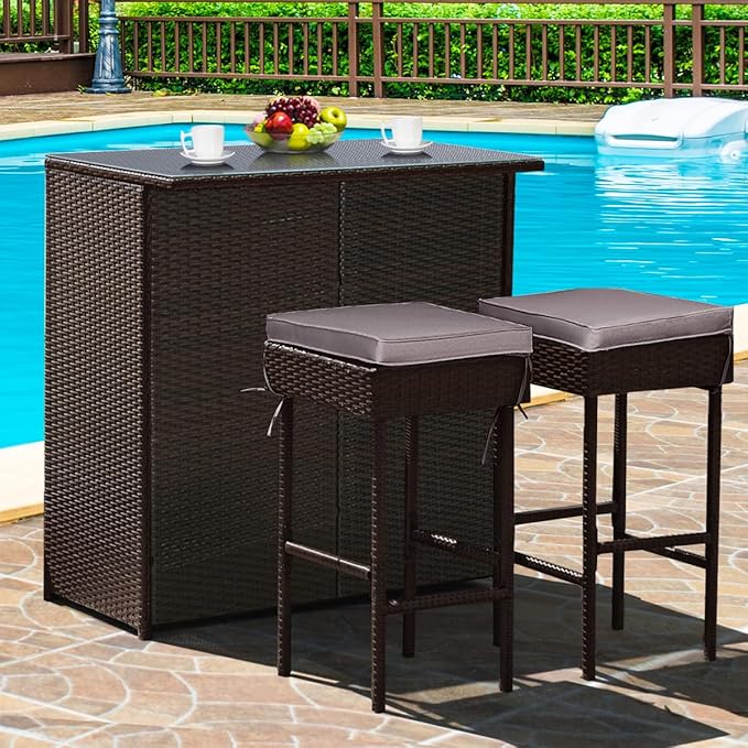 Tangkula Patio Bar Set, 3 Piece Outdoor Rattan Wicker Bar Set with 2 Cushions Stools & Glass Top Table, Gray & Off White Cover, Outdoor Furniture Set for Patio Backyard Porch Garden Poolside