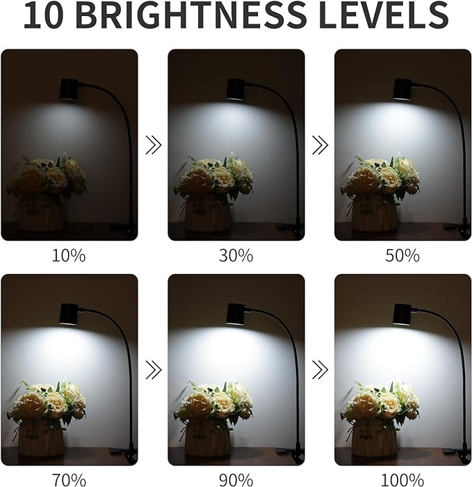 Dott Arts Desk Lamp,USB Clip On Light with 3 Color Modes,LED 10 Levels Brightness Reading Light, 360°Gooseneck Book Light,Eye-Care Reading Lamp for Home Office,Headboards.Adapter included
