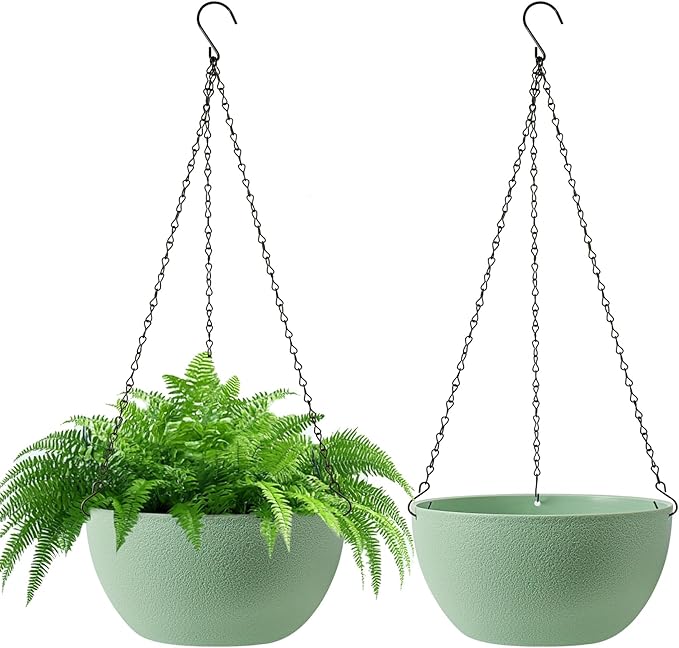 T4U 10 Inch Hanging Planters for Indoor Outdoor Plants, 2 Pack Plastic Hanging Planter, Indoor Hanging Plant Pots, Hanging Basket with Drainage Holes, Flower Pots for Garden Home Decor,Green