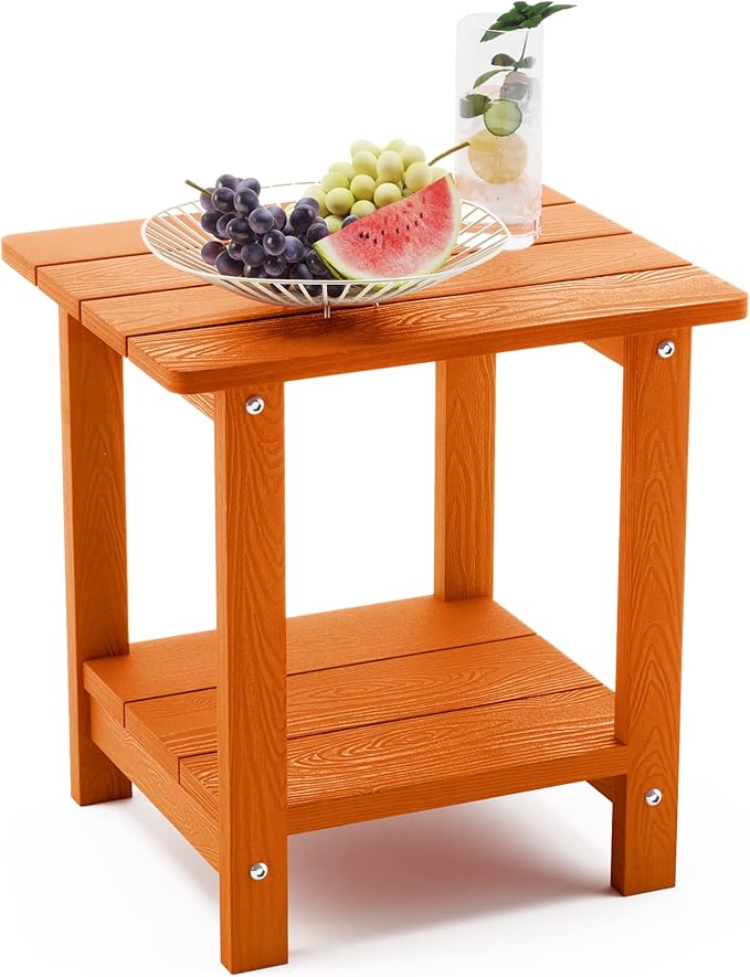 LUE BONA Adirondack Outdoor Side Table, 2-Tier Orange HDPS Patio End Table Weather Resistant, Morden Side Table for Patio, Pool, Porch