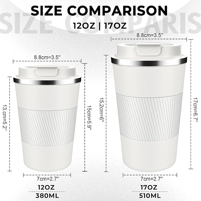 Insulated Coffee Tumbler 17 oz, Stainless Steel Coffee Mug with Lids, Travel Coffee Mug Leak Proof, Double Wall Vacuum Insulated Reusable Iced Coffee Cup, Keep Drinks Hot and Cold (White, 17 Ounces)