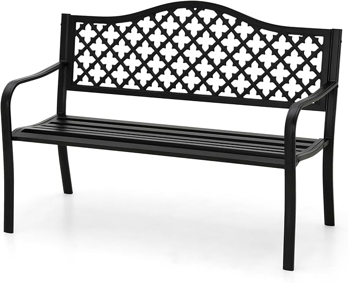 MFSTUDIO 50" Black Outdoor Metal Garden Bench, Cast Iron Frame Patio Furniture with E-Coating, Perfect for Porch and Yard