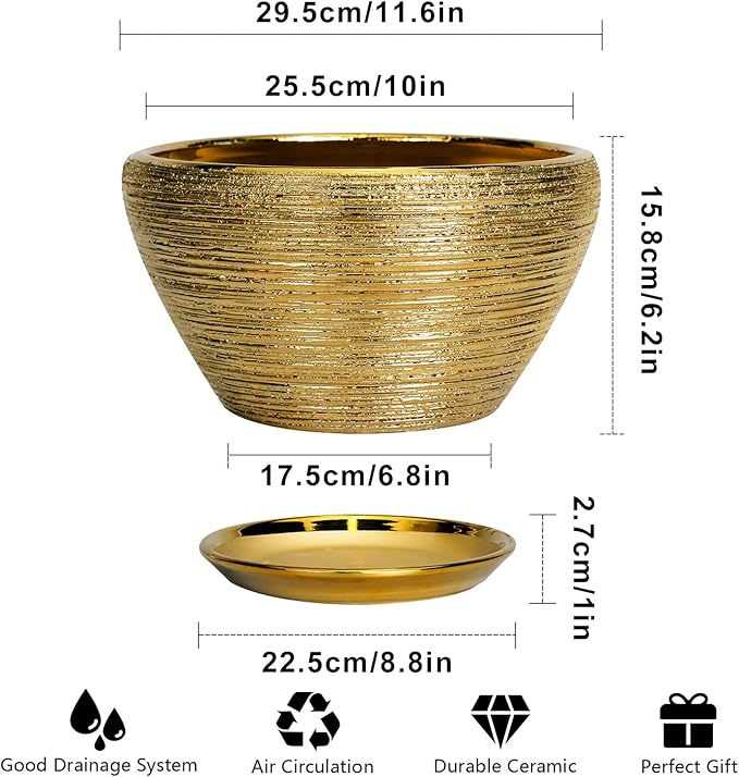 Ceramic Planter 11 Inch - Indoor Plant Pot with Drainage Hole and Saucer Large Planter for Outdoor Plants Mid-Century Decorative Flower Pot for Home Decor Gold