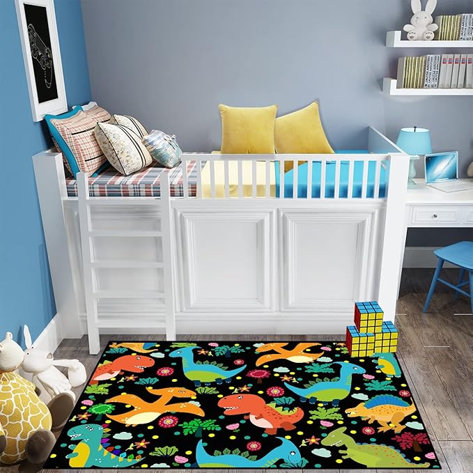 Dino Rugs for Boys Room Kids Play Rug Dinosaur Play Rug Dinosaur Carpet Dinosaur Rug Dinosaur Cartoon Carpet for Boys and Girls Bedroom Classroom,Black 4'5''×6'