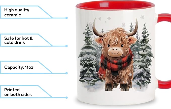 Hyturtle Highland Cow Coffee Mug Gifts on Christmas Winter For Cow Lovers | Winter Cow Gifts For Women, Premium 11oz ceramic mug, Vivid double-sided print, Comfort grip handle, Fade-resistant print