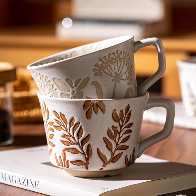 Coffee Mugs Set of 4 with Gold Spoon, 11 oz Ancient Style Hand-painted Ceramic Mug Gifts for Men Women, Unique Personality Gifts for Home Kitchen Office, Dishwasher Microwave Safe
