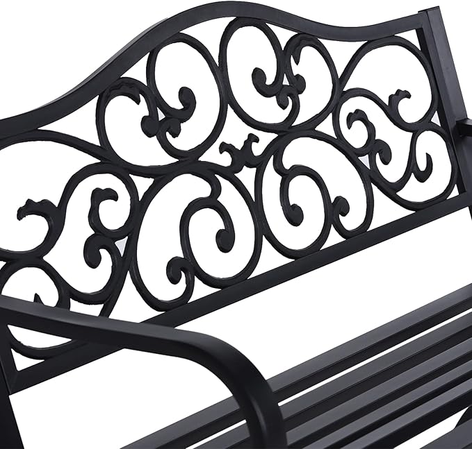 Sophia & William 50" Outdoor Garden Bench Patio Park Bench, Cast Iron Metal Frame Furniture with Floral Design Backrest for Porch Yard Lawn Deck, Black