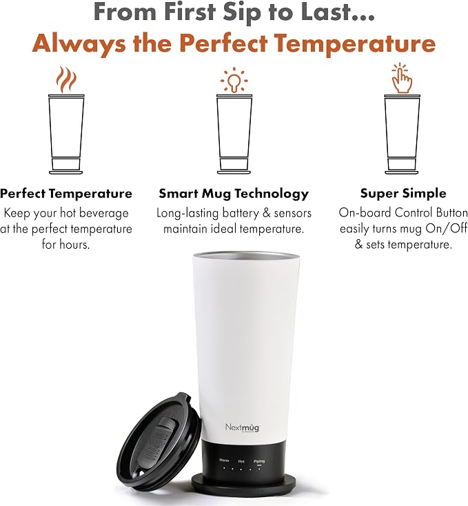 Nextmug Go - Temperature-Controlled, Self-Heating Travel Mug | (White - 16 oz.) – No App, Long-Lasting Battery for Work & Study, Great Gift for Coffee Lovers