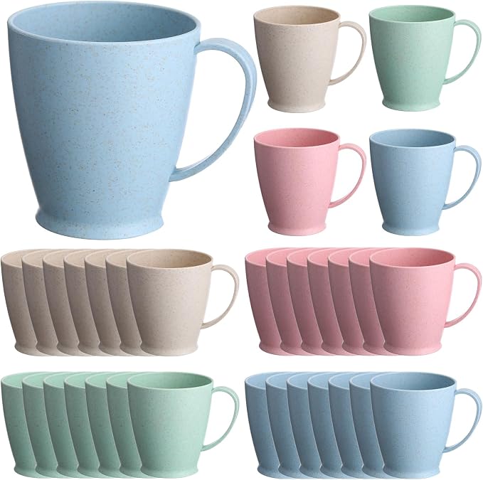 Zopeal 32 Pack Wheat Straw Plastic Coffee Cups Mugs 10 Oz Reusable Plastic Cup Mug with Handle Lightweight Microwavable Dishwasher Safe Unbreakable for Tea Milk Water Juice Coffee (Multicolor)