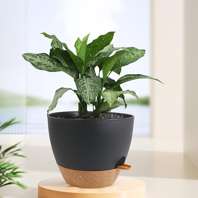 12 inch Large Self Watering Pots, Plant Pots with Mesh Drainage Holes for Indoor Outdoor Plants, Plastic Planters with Deep Reservoir for Garden House Flower Plants, Black with Brown
