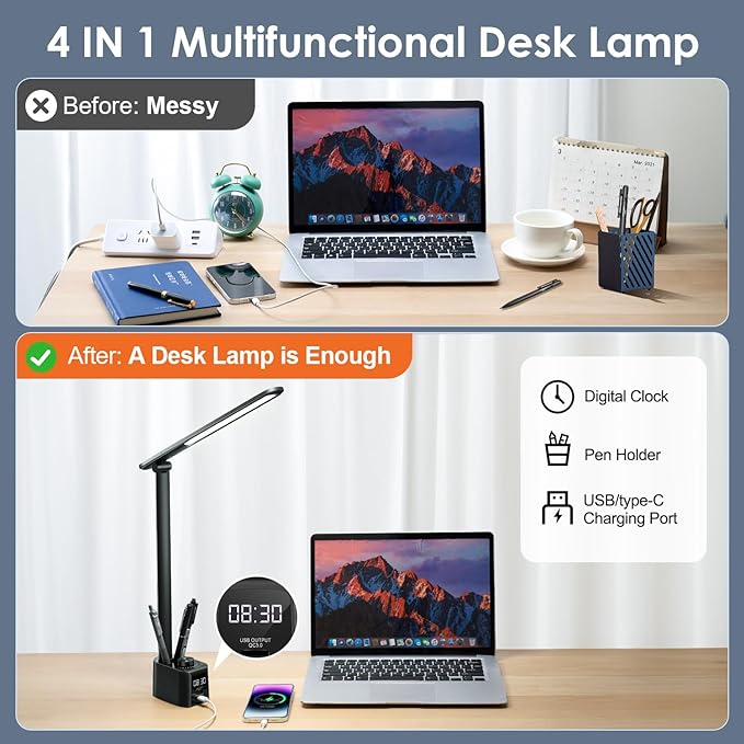 Desk Lamp for College Dorm Room,55 Lighting Modes Dorm Lamp for Dorm Desk Lamp,700 Lumen LED Desk Lamp with USB Charging Port,Desk Light with Clock+Pen Holder,Desk Lamps for Home Office Lamp for Desk