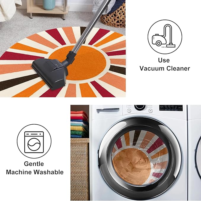Round Washable Rug 4 Ft Small Round Rug for Kids Room, Orange Sun Circle Rug for Playroom, Non-Slip Circular Office Carpet Soft Rainbow Rug for Bedroom Reading Corner Dorm
