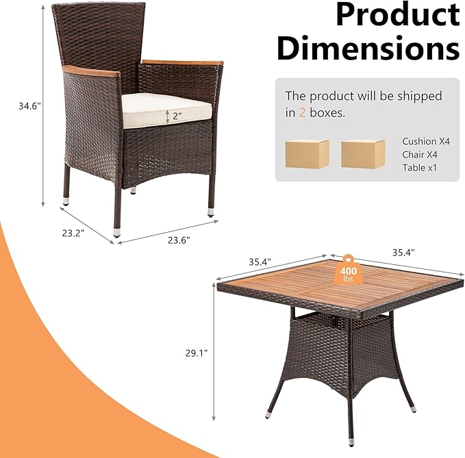 Wisteria Lane Patio Outdoor Table and Chairs Set, Rattan Outdoor Patio Furniture Set with Removable Cushions, Outdoor Patio Dining Sets with Acacia Wood Tabletop for Deck Garden Backyard, Brown