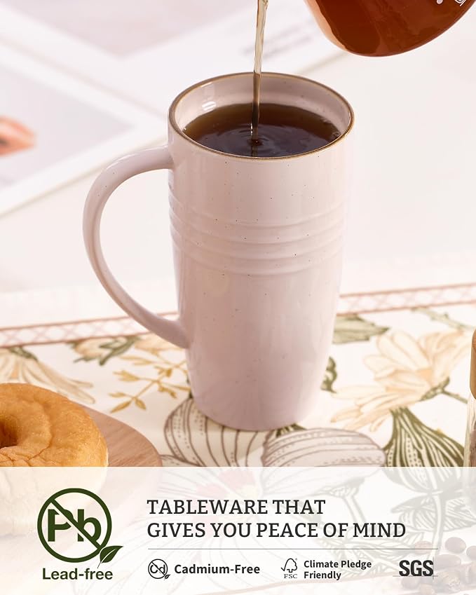 famiware Jupiter Large Coffee Mug, 20oz Coffee Mug with Lid, Ceramic Mugs Set of 4, Cup Set with Handle for Latte, Tea, Cocoa, Milk, Home & Office, Microwave and Dishwasher Safe, Light Pink