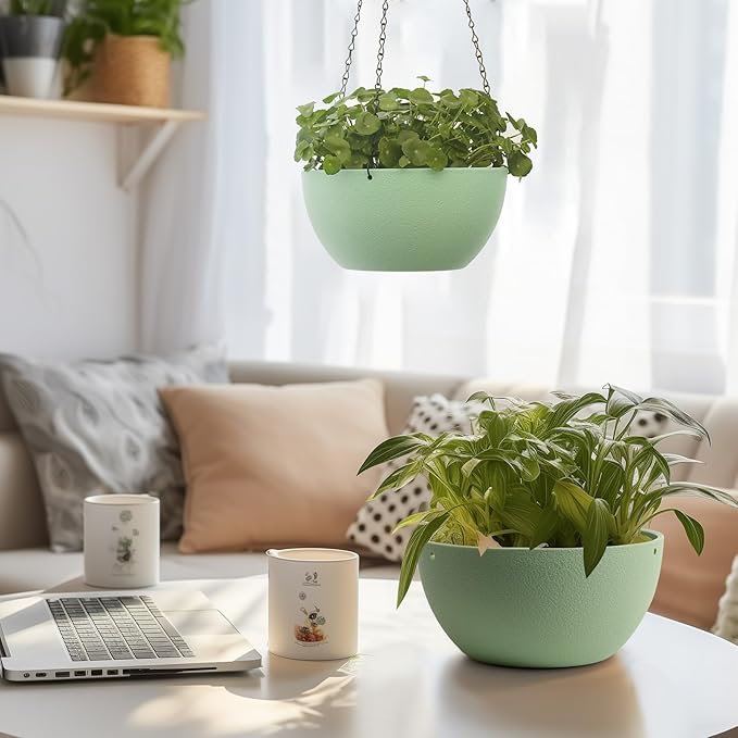 T4U 10 Inch Hanging Planters for Indoor Outdoor Plants, 2 Pack Plastic Hanging Planter, Indoor Hanging Plant Pots, Hanging Basket with Drainage Holes, Flower Pots for Garden Home Decor,Green