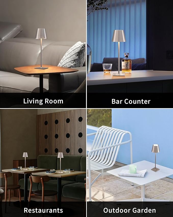 KDG 2 Pack Cordless Table Lamp,Portable LED Desk Lamp, 5000mAh Battery Operated, 3 Color Stepless Dimming Up, for Restaurant/Bedroom/Bars/Outdoor Party/Camping/Coffee Shop Night Light(Brushed Nickel)