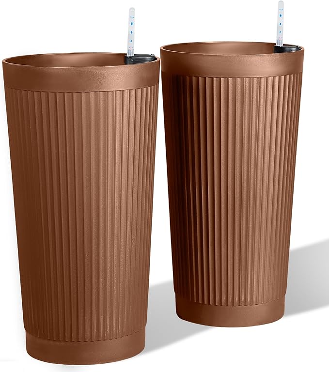 Set of 2 Large Planter Outdoor Self Watering Pots for Indoor Plants, 24" Tall Planters with Drainage Hole for Patio, Garden (Brown Ribbed)