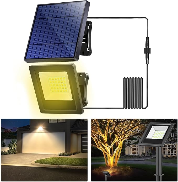Solar Lights Outdoor Solar Flood Dusk to Dawn Lights 4400mAh 3000K Warm White Auto On/Off with 16.4Ft Cable IP65 Waterproof for Outside Front Door Barn Garden Garage Yard Patio Pool