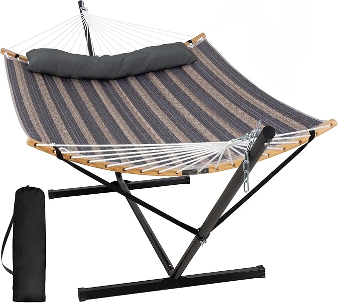 SUNCREAT Hammocks for Outside with Stand Included, Double Hammock with Curved Spreader Bar, Carrying Bag, Gray Stripes